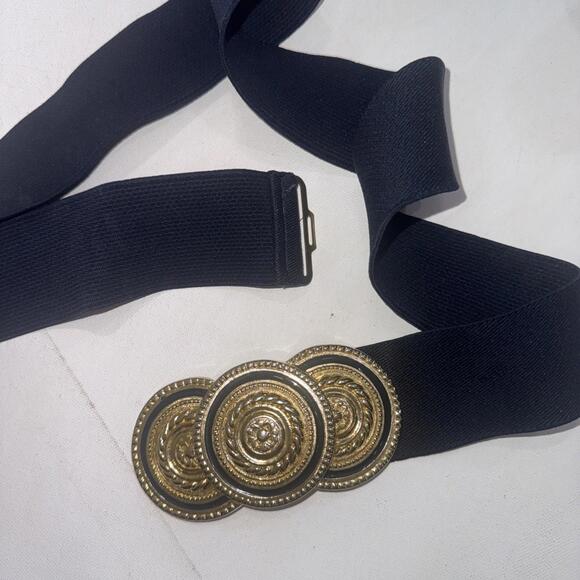 Vintage Nani Lewis XXL Elastic Waistband Blue Large Gold Statement Belt Buckle - Picture 2 of 10